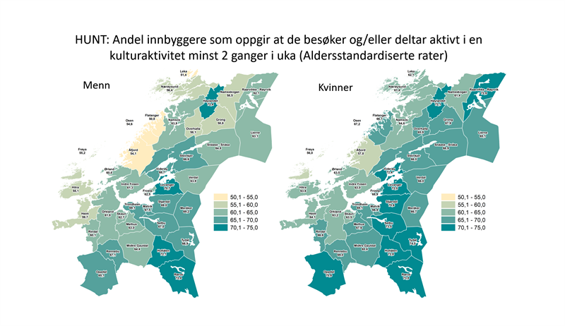 Andel innbyggere som oppgir at de besøker og eller deltar aktivt i en kulturaktivitet minst 2 ganger i uka