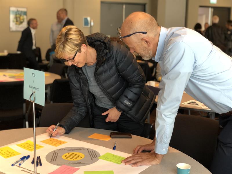 Arbeid med tiltak To personer skriver ned tiltak på området FoU i havrommet. Foto: Ida Valsø.