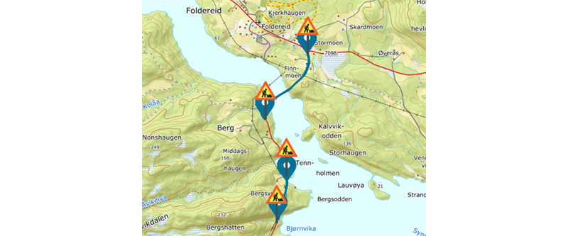 Kart med tunnelen Finnmoen og Bergsvik i Nærøy kommune. Kart.