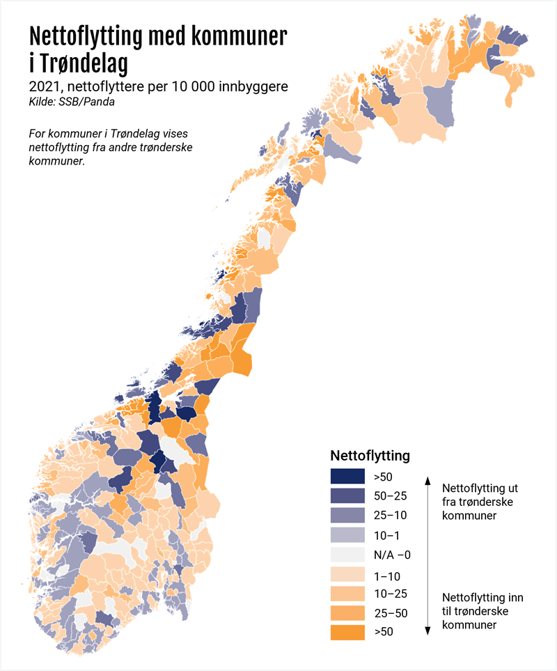 Nettoflytting med kommuner. 2021, nettoflyttere per 10000 innbyggere