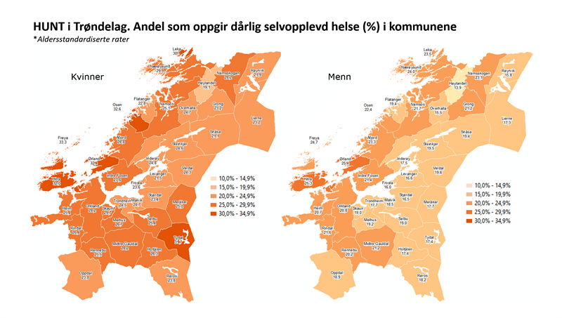 HUNT i Trøndelag - Andel som oppgir dårlig selvopplevd helse i kommunene