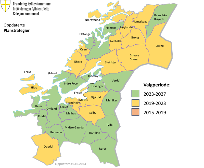 Kommunekart med oversikt over vedtatt planstrategier.