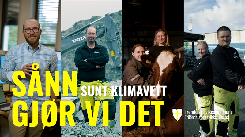 fire bilder sammen. Foto Jon Skår 4 bilder satt sammen til et bilde, fra venstre, en mann på et kontor står og holder en kaffekopp, en mann står i arbeidsklær foran en gravemaskin, to ungdommer i et fjøs sammen med en ku, en kvinne og en mann i arbeidsklær står rygg mot rygg.