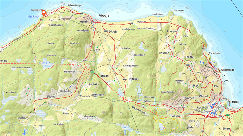 Kart som viser fylkesveg 800 i Skaun kommune. Kartgrafikk